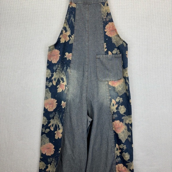COWOKA Boho Floral Denim Bib Overalls Loose Wide Leg Jumpsuit Suspenders Small - Picture 9 of 13